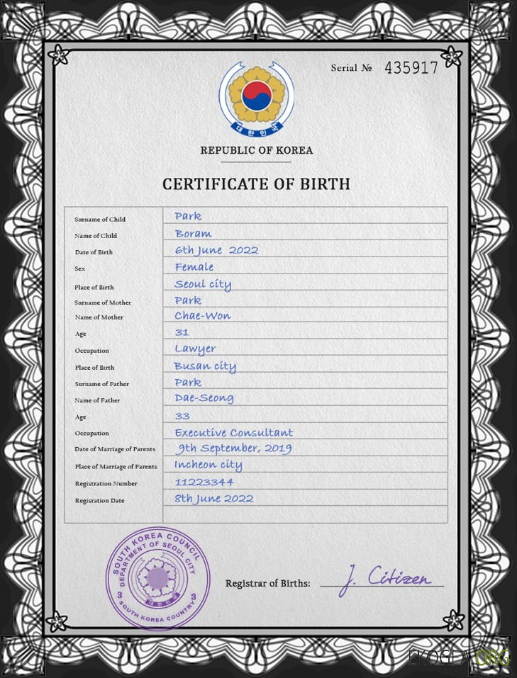 Modèle PSD de certificat de naissance en Corée du Sud